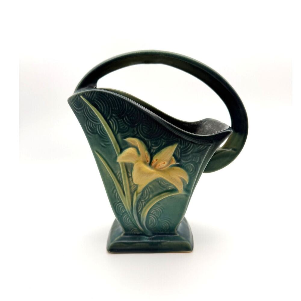 Vintage Roseville Pottery Zephyr Lily Green Handled Basket Vase 394-8